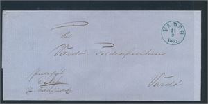 Meget pent portofritt brev stemplet blått "VADSØ 15-9-1857". Segl fra Vadsø Toldinspection bak