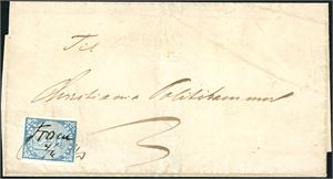 1. 4 skilling våpen 1855 på brevomslag, anert med håndskrevet stedsnavn "Fron 4/6" og sendt til Christiania. Merket med to gode- og to smale marger. Attest FCM