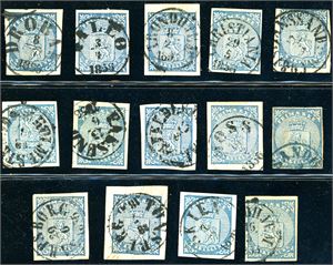 1. 14 stk 4 skilling Våpen 1855. alle anert med datostempel. Varierende marger.