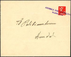 145. 20 øre Løve II på konvolutt, anert med blekkryss samt privat linjestempel "Arendals Dampskibsselskap Bilavdelingen" i lilla.