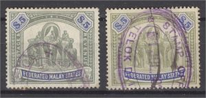 FEDERATED MALAY STATES 37. 1908. 5 $ blå/grøn i nuance.  To merker Stemplet (€360)