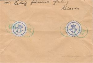 Oblatstempel KEIANES (Troms), stemplet SL -3 V 44 (4 pkt) på bankobrev til Sandkollen frankert med NK 252. Baksiden med to små blå postoblater og eneste kjente avtrykk av oblatstempel nr. 4298 i grønn farge. Ikke registrert i oblatstempel-katalogen.