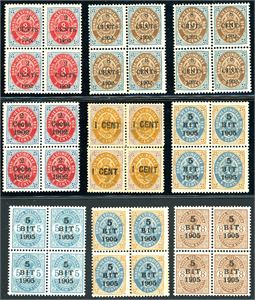 18--35. Nine different Provisional-stamps, all in block of four. Eight are unmounted mint.