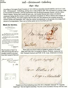 To eldre brev: Et delbetalt brev fra London til Drøbak i 1840 og et betalt brev fra Gøteborg til Mandal i 1841. Begge pent montert på samme ark for utstilling.