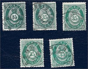 NK 29 b 5 eksemplarer med NK29a med fargenyanser fra mørk blågrønn lysere