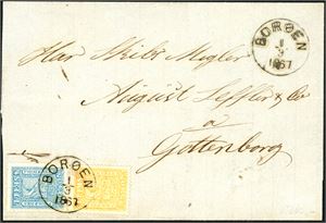 6,8. 6 skillings porto til Sverige. 2 skill og 4 skill på brevomslag til Gøteborg, stemplet "Borøen 1.3.1867".