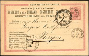 10 Penni staionary-card, cancelled "Lovisa 30.6.1885" and sent to Bergen, Norway. "Finska Jernvägens Postexpedition No 3 1.7.1885" (From the railway to St Petersburg) and "St Petersburg" cds at side.
