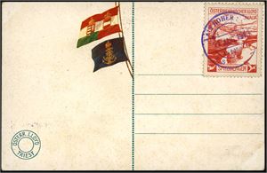 Spitsbergen E 16. Postkort påsatt en rød "Österreichischer Lloyd"-etikett, stemplet "Aus Hoher See S/S Thalia, An Bord". bildesiden stemplet "Advent-Bay Spitzbergen 14. Aug 1913". Kortet er ikke sendt.