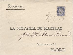 NK 58 A 20ø singel på brev til Spania, st. Hullst. Høvig 15-XI-94 og bak transit st.