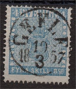 F2 h1  ljusblå stpl. Gefle 19.3.1857, intyg HOW " mycket gott exemplar "3,2,4