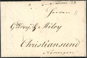 Komplett brev, datert "St. Petersburg 19th Nov 1801" og sendt til Christiansund. Brevet har linjestempel "St. Petersburg" på forsiden og er sendt via Hamburg, Kjøbenhavn og Svinesund. Satt i porto med 37 L.Sk. Dette er det tidligste registrerte brev fra Russland til Norge.
