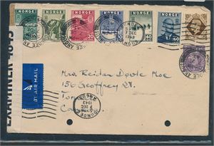 Nk 333-38 London på brev stemplet "DUNDEE ANGUS 7 DEC 1943" sammen med engelske frimerker til Canada. Sensurremse
