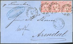 Three 1 Gr Norddeutscher Postbezirk on entire to Arendal, Norway, cancelled "Hambur 5 8 70" and sent to Arendal, Norway. "pr Finnmarken" handwritten in upper left corner and ship-postmark "Hmfst-G-Hmbrg 7.8.1870" at side.
