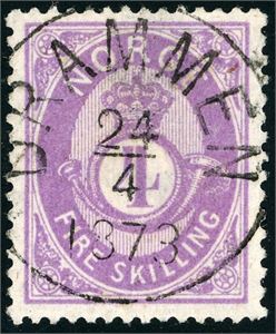 19 I b. 4 skilling Posthorn, rettvendt fullstemplet "Drammen 24.4.1873". Meget god farge.