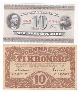Danmark 2 stk 10-kroner 1943 og 1974