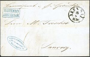Komplett brev, datert "Amsterdam 27. august 1850" og sendt til Laurvig. Privatbefordret til Norge med påskriftene "Christianssand" og "pr Grimstad" stemplet "Arendal 16.9.1850". Baksiden med porto og kartering "3-4".