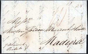 A complete letter from London 27th July 1815, and sent to Madeira. The letter is endorsed "pr. Alnwick Packets" in lover left corner and the rare postmark "Post Paid Withdrawn Ship letter 27Jy27 1815 London" at reverse.