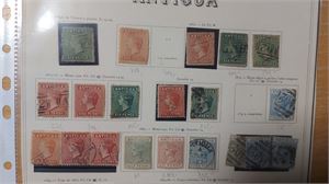 ENGELSKA KOLONIER, ANTIGUA. Parti 1862-1903 på ett blad, flera dyra, blandad kvalitet