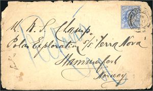 A British 2 1/2d stamps on envelope, cancelled "London 06" and sent to Mr William S. Champ abord the Terra Nova, in Hammerfest Norway. Mr Champ was the leader for the rescue party for the Ziegler Expedition. Arrival postmark "Hammerfest 26.8.05" at reverse. Also a postcard with an image of "S.S. Terra Nova". The Terra Nova was later used in 1910-12 by Captain Scott on his ill-fated attempt to be the first to reach the South Pole