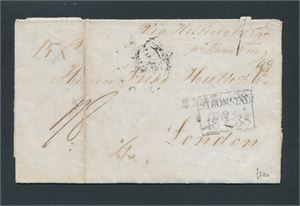 PREFRIM Brev datert "Hafslund 1838" sendt til London. Påskrevet "via Helsingborg pr Hamburg". Stemplet "STRÖMSTAD" foran, "K.S&N.P.C. HAMBURG" og "LONDON" bak. Noe slitasje, men ikke vanlig
