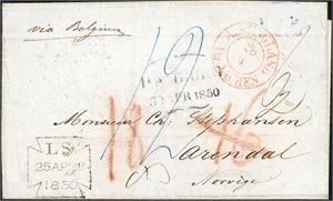 Brevomsalg fra 1850, antagelig sendt fra England via Belgia og Tyskland til Arendal. Stempler på for- og bakside.