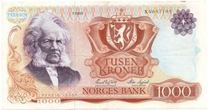 1000 kroner 1980 X.0697195 erstatningsseddel. Kv.1