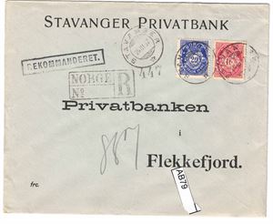 PERFINS "S. P." på pen rek logokonvolutt stemplet "STAVANGER 26 III 07 til Flekkefjord
