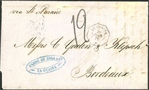 A complete letter with "La Guaira 20 Juin 76" postmark and sent to Bordeaux. Endorsed "via St. Nazaire" and french postage number "19" (decimes) at front. On reverse "Ligne-B Paq. Fr no 1, 30 Juin 76" and arrival cds "Bordeaux 17 juil 76".