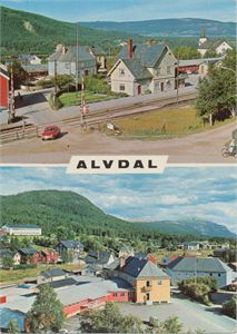 Jernbane ALVDAL stasjon (HE), 2 bilder, A6 farge (Alvdal Fotoatelier 1860), datert 4-7-69.