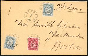 40,43. 50 øres innenlandsporto. To 20 øre blå og en 10 øre 21 mm på bankokonvolutt (kr 400,-), stemplet "Grimstad 30.11.1885".