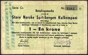 1 krone Store Norske Spitsbergen 1949/50, serie Cc, nr. 5381. Påskrevet noen romertall i høyre side. I nedre kant er det en 2 mm rift rett under "Styrets formann." og en 1 cm ved midtbretten.