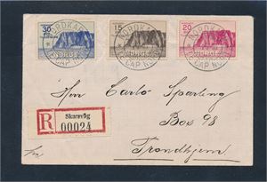 Nk 181-83 Nordkapp I på rekbrev stemplet "NORDKAPP 1-7-33". Transittstemplet "VESTFINNMARK 2-7-33" bak