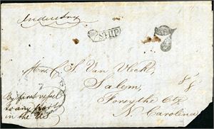 Nearly complete letter, sent from St. Thomas to USA in 1851, with a "fancy" postmark "Ship" and "7" for the postage. Two red "Forwarded By Whitmore & Co St. Thomas" on reverse.