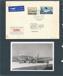 SVEITS Oppfrankert FDC med Mi 479, Swissair første flyvning til USA sendt til Danmark (€ 60 for FDC). Medfølger bilde av flyet med tekst bak