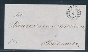 Prefrim stemplet "CHRISTIANSSAND 5-12-1849" i sort farge på strøkent brev til Christiania