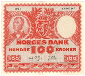 100 kroner 1961 Z.0462267. Erstatningsseddel. SSS-seddel. Kv.1/1+