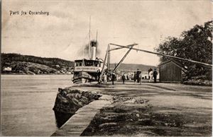 Akerhus Oscarsborg m/DS Oscarsborg til kai. (Bauthler, uten nr). Småf. s/hv. Stpl. Kristiania 11-VIII-12. Pen kvalitet.