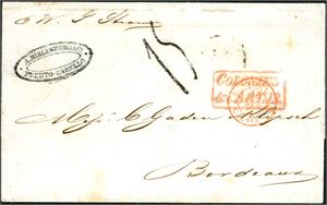 A complete letter from Puerto-Cabello, Venezuela to Bordeaux, with "Colonies &c. Art.13", "Angl Calais" and french postagenumber "15" (decimes) on front. On reverse "Porto-Cabello My 12 1851", british "BA 9 Ju 9 1851" and "Bordeaux 12 Juin 51".