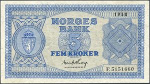 5 kroner 1950, serie F.5151660. 0