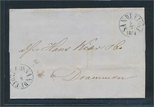 Prefrim "SANDEFJORD 6-7-1854" i svart. Pent brev til Drammen