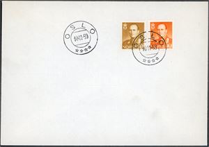 Olav bruksmerker. Fem ulike uadresserte konvolutter: 25 øre "6.5.58", 45 øre "15.9.58", 85 øre "16.3.59", 30- og 55 øre "1.9.59" og 50- og 90 øre "10.11.59". (6.380,-).