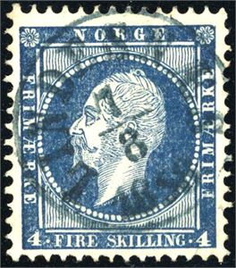 4. 4 skilling Oscar annullert med dampsskibsstempelet "Lindesnæs 7.8.1858" i blått.