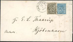 11,14. 5 skillings porto til Danmark. 1 skill 1 og 4 skill 4 på brevomslag til Kjøbenhavn, stemplet "Christiania 17.4.1871". Ankomststemplet på baksiden.
