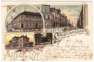 HILSEN FRA KRISTIANSAND S (V. Simonsen). Udelt bakside, postsendt 1908