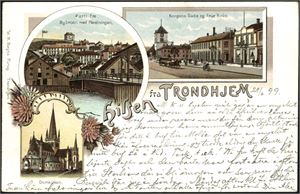 Trøndelag Trondhjem, hilsen fra (Bøghs Forlag). Udelt bakside, småf. kolorert. Stpl i 99. Pen brukskvalitet.