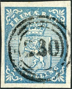 1. 4 skilling Våpen 1855, annullert med nummerstempel "230" (Os, HO, 8 pkt). Tre gode marger, litt smal nede. Attest FCM.