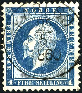 4. 4 skilling Oscar, stemplet "Karlsø 25.5.1860" (TR, 7 pkt).