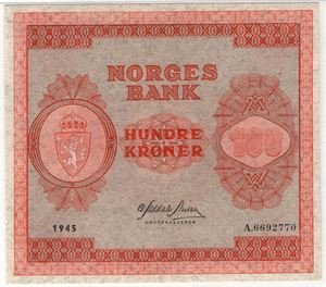 100 kroner 1945 A.6692770. Kv.01