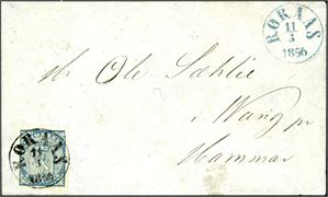 1. 4 skilling våpen 1855 på brevfront, pent stemplet "Røraas 11.3.1856". Merket med gode marger.