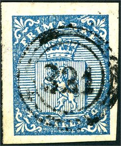 1. 4 skilling våpen 1855, anert med nummerstempel "321" (Undal, VA, 7 pkt). Normale- til litt smale marger. Attest FCM